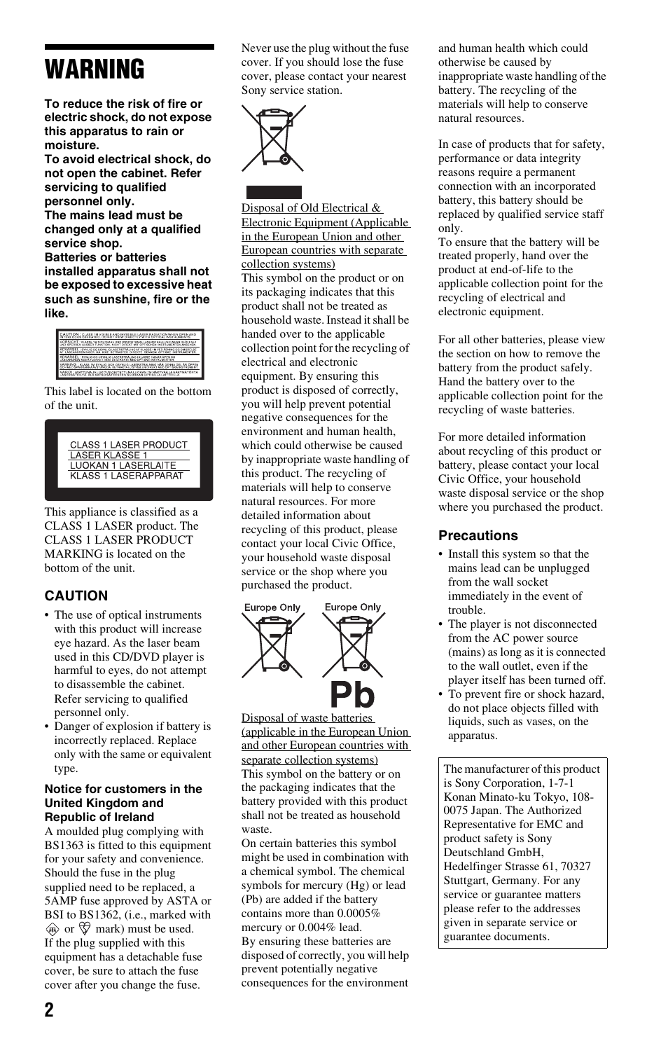 Warning | Sony DVP-FX875 User Manual | Page 2 / 52