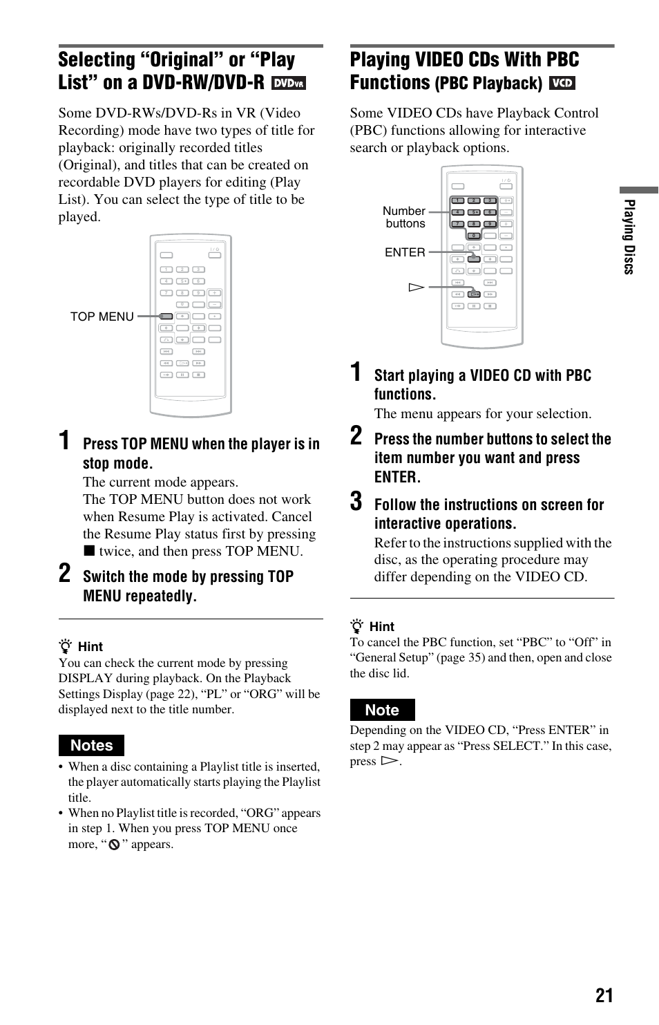 Playing video cds with pbc functions, Pbc playback), Press top menu when the player is in stop mode | Switch the mode by pressing top menu repeatedly, Start playing a video cd with pbc functions, The menu appears for your selection | Sony DVP-FX875 User Manual | Page 21 / 52