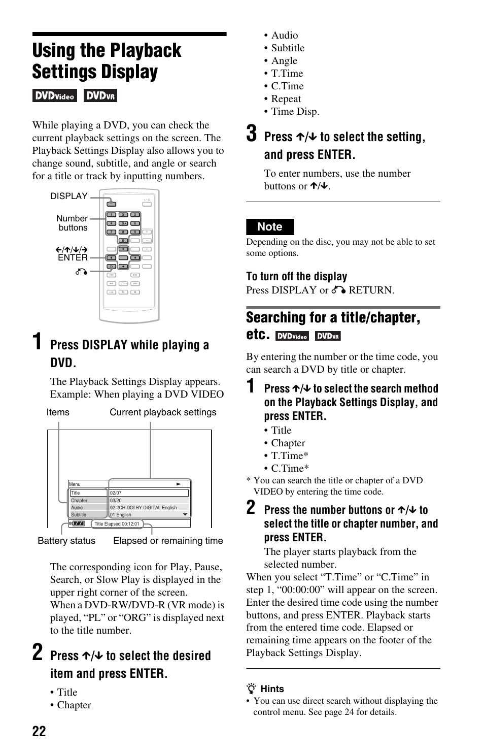Using the playback settings display, Searching for a title/chapter, etc, Press display while playing a dvd | Press x / x to select the setting, and press enter | Sony DVP-FX875 User Manual | Page 22 / 52