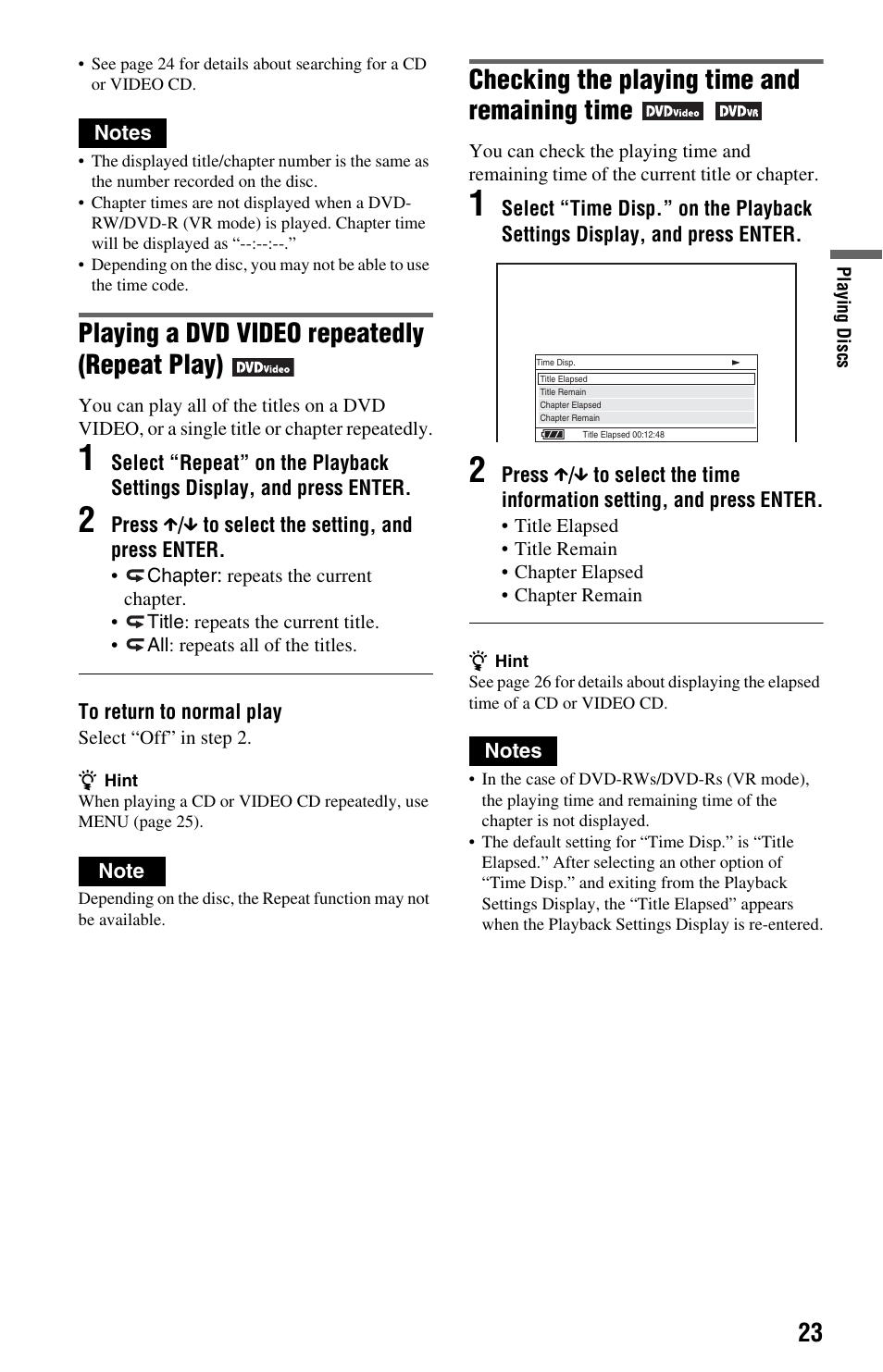 Playing a dvd video repeatedly (repeat play), Checking the playing time and remaining time | Sony DVP-FX875 User Manual | Page 23 / 52