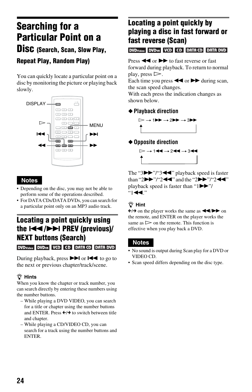 Play, random play), Searching for a particular point on a disc, Search, scan, slow play, repeat play, random play) | Playback direction ◆ opposite direction | Sony DVP-FX875 User Manual | Page 24 / 52