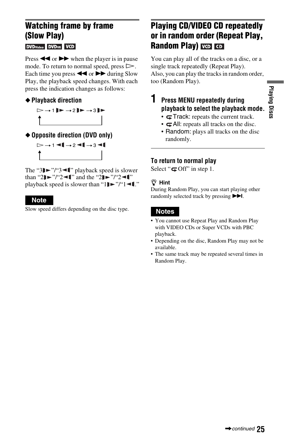 Watching frame by frame (slow play) | Sony DVP-FX875 User Manual | Page 25 / 52