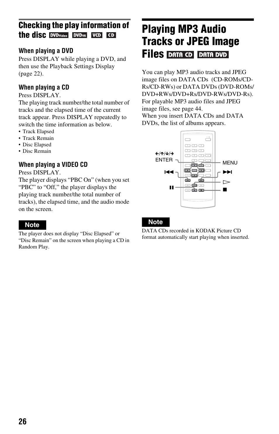 Playing mp3 audio tracks or jpeg image files, Checking the play information of the disc, When playing a dvd | When playing a cd, When playing a video cd | Sony DVP-FX875 User Manual | Page 26 / 52