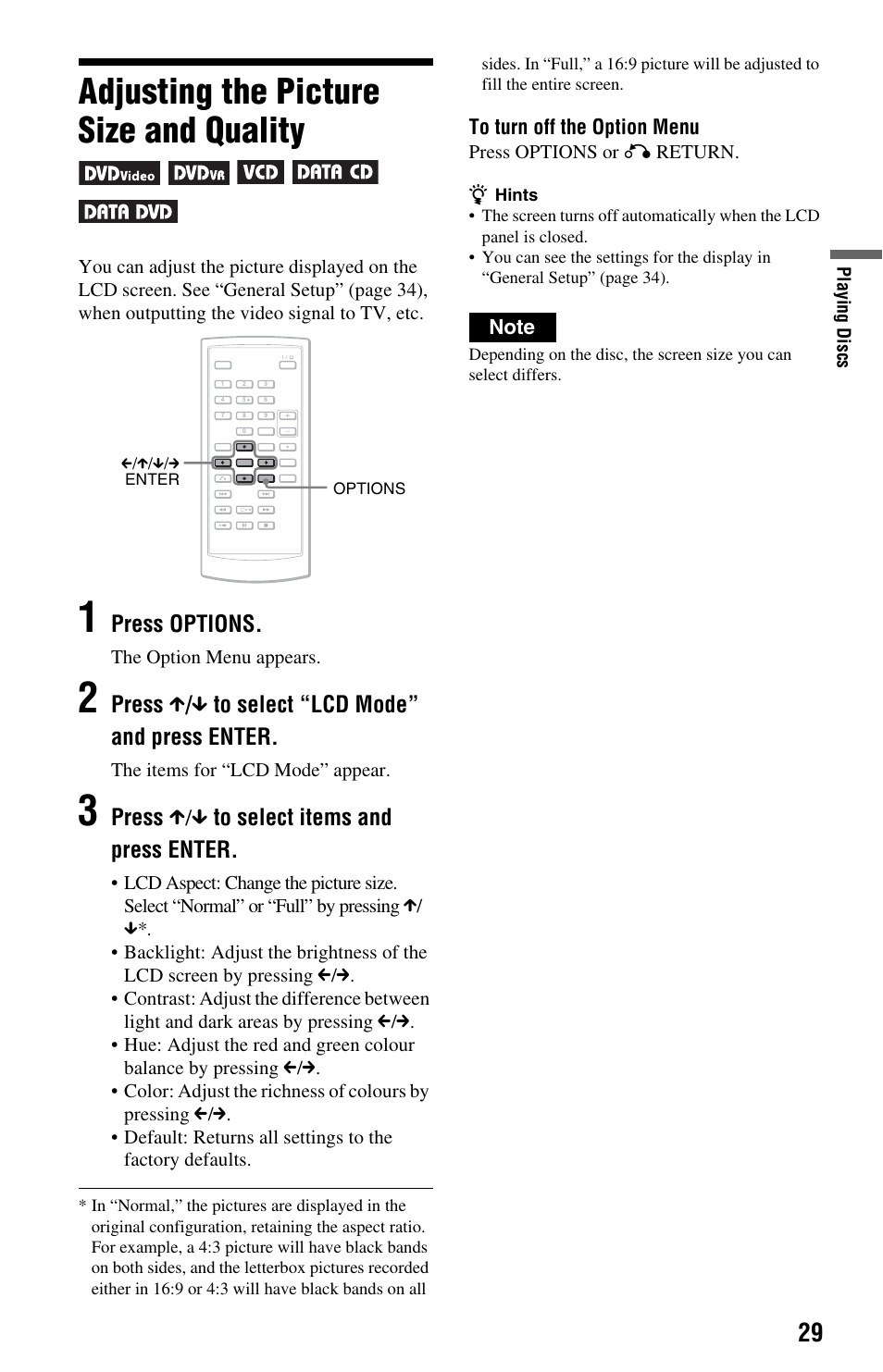 Adjusting the picture size and quality, Press options, Press x / x to select “lcd mode” and press enter | Press x/x to select items and press enter | Sony DVP-FX875 User Manual | Page 29 / 52