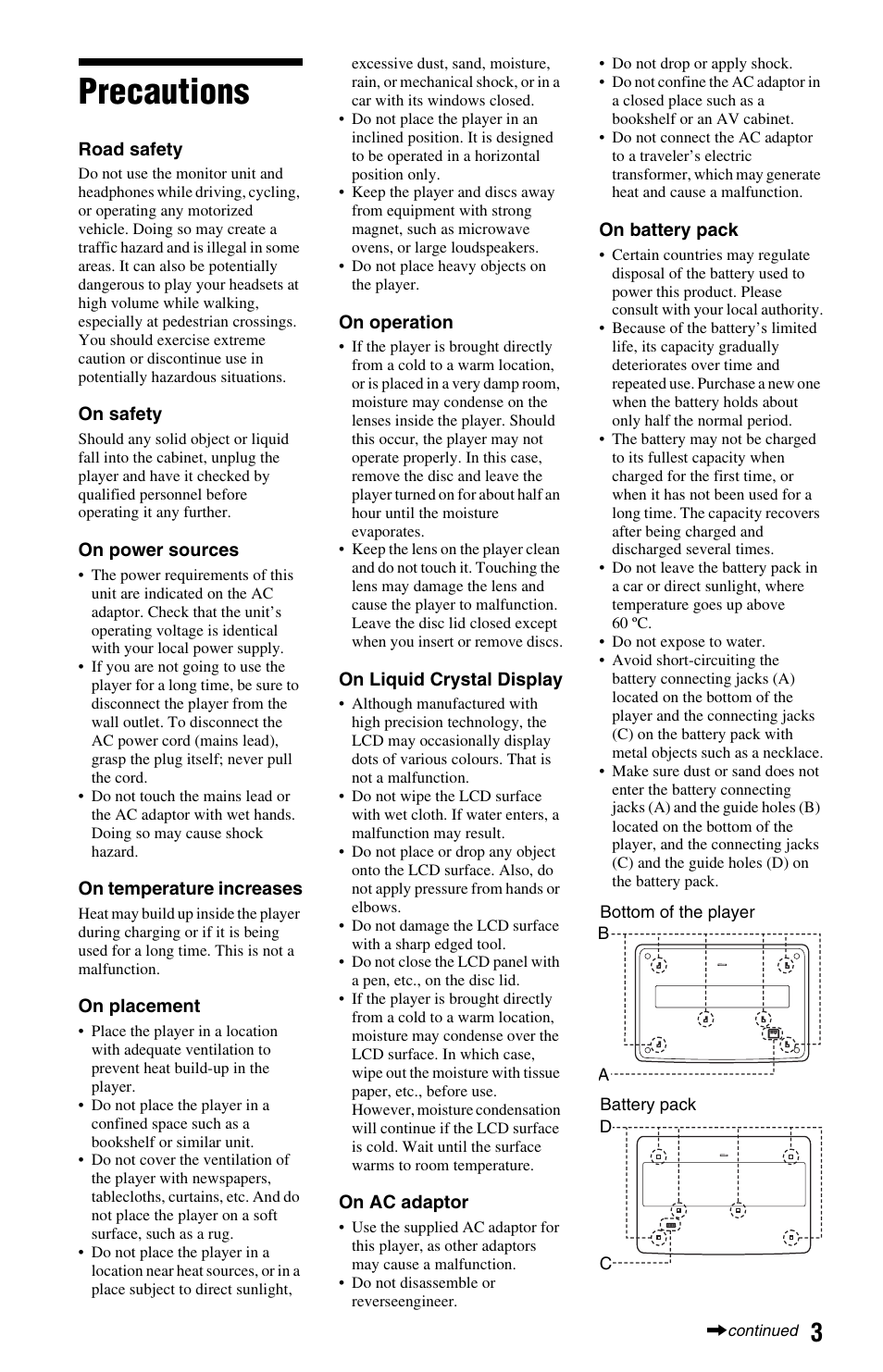 Precautions | Sony DVP-FX875 User Manual | Page 3 / 52