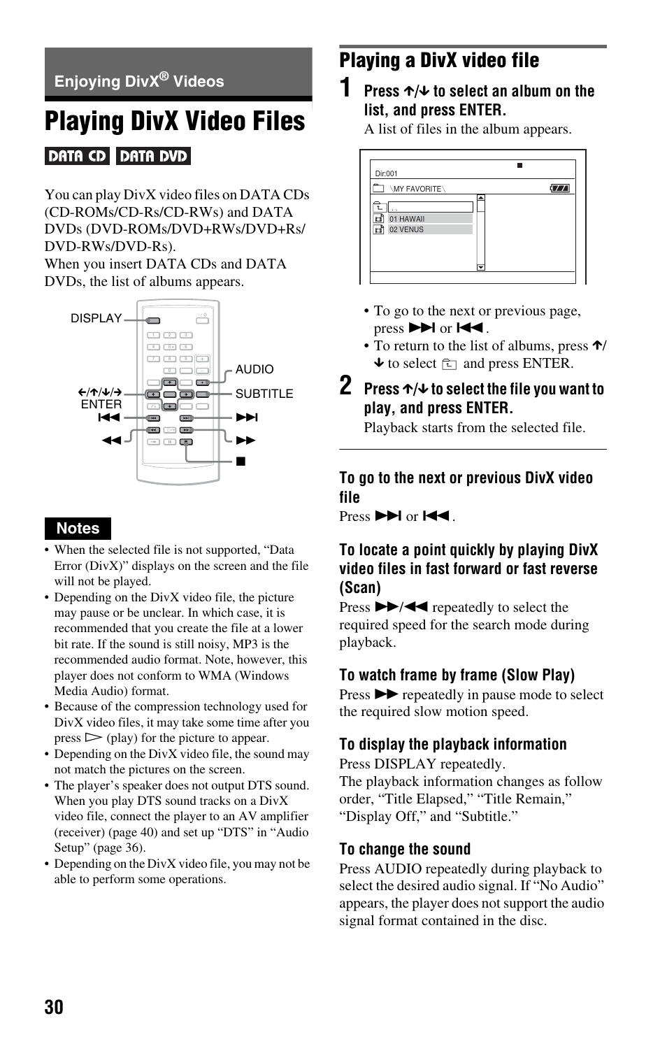 Enjoying divx® videos, Playing divx video files, Enjoying divx | Videos, Playing a divx video file | Sony DVP-FX875 User Manual | Page 30 / 52