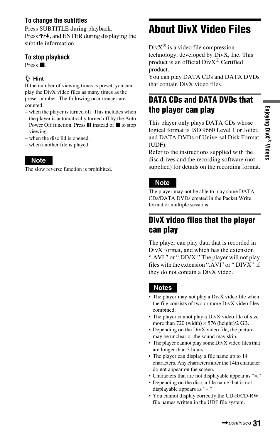 About divx video files, Data cds and data dvds that the player can play, Divx video files that the player can play | Sony DVP-FX875 User Manual | Page 31 / 52
