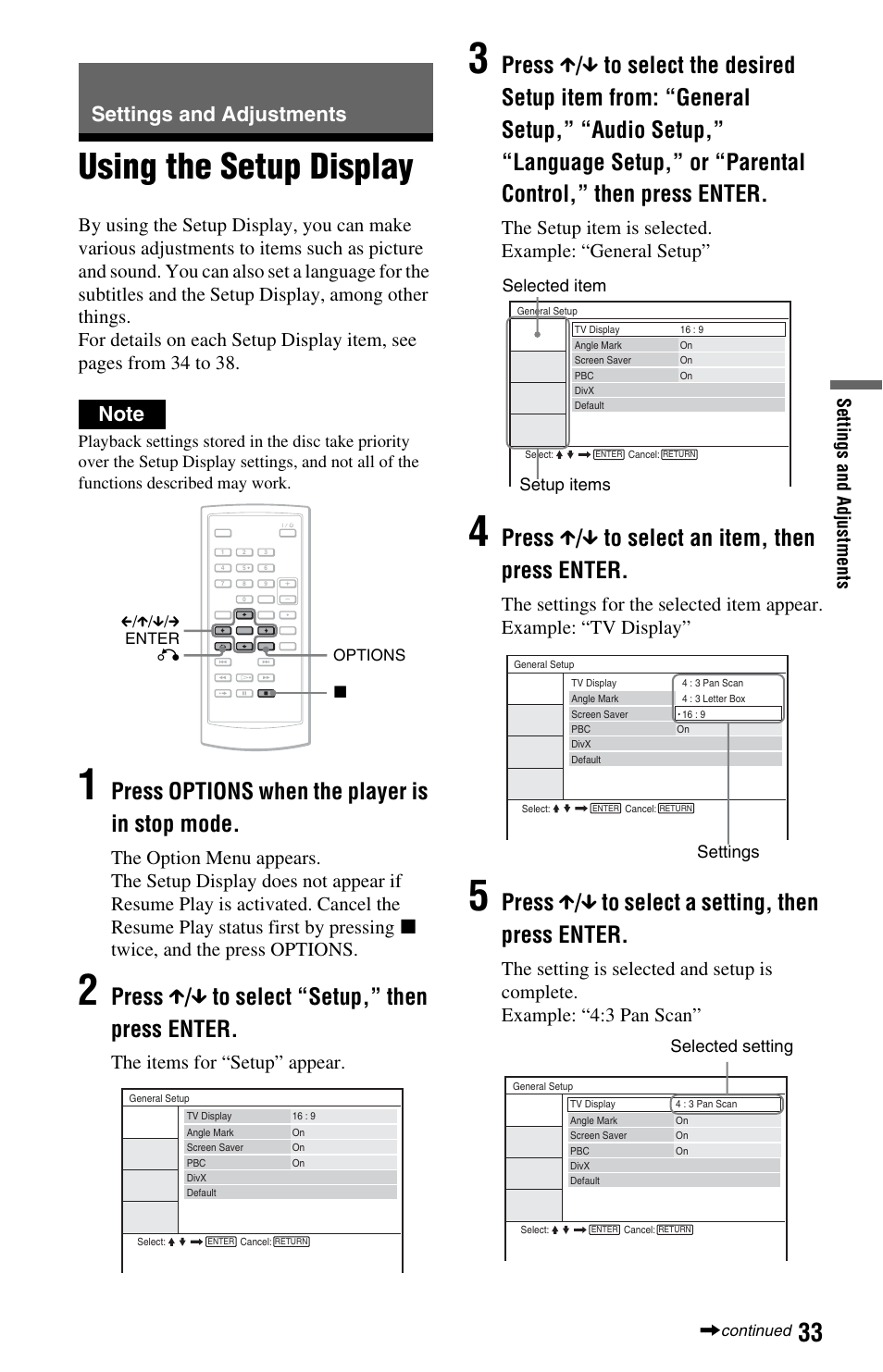 Settings and adjustments, Using the setup display, Press options when the player is in stop mode | Press x / x to select “setup,” then press enter, Press x / x to select an item, then press enter, Press x / x to select a setting, then press enter, The items for “setup” appear, Se ttin gs and ad justme nts | Sony DVP-FX875 User Manual | Page 33 / 52
