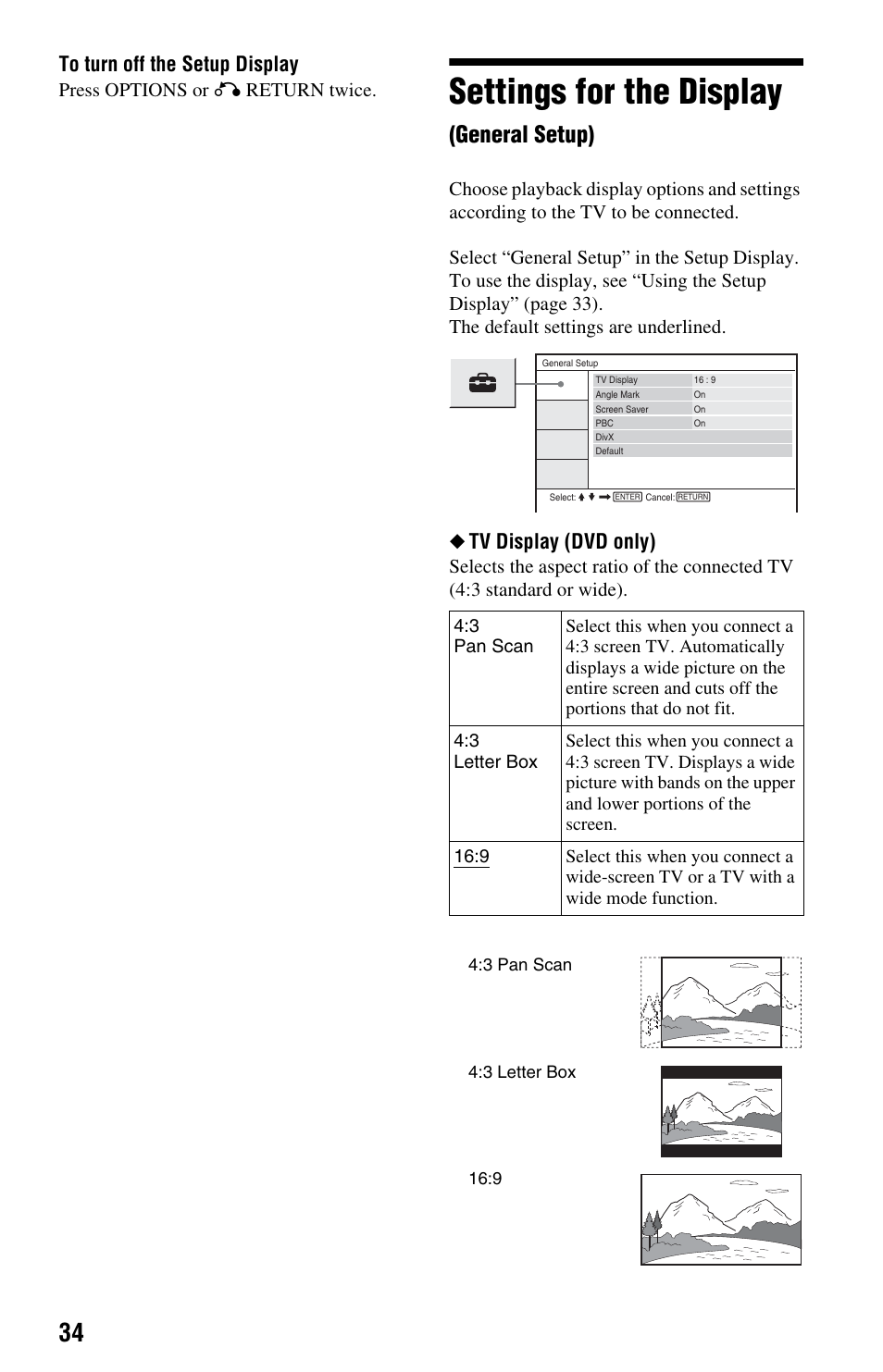 Settings for the display (general setup), Settings for the display, General setup) | Tv display (dvd only), Press options or o return twice | Sony DVP-FX875 User Manual | Page 34 / 52