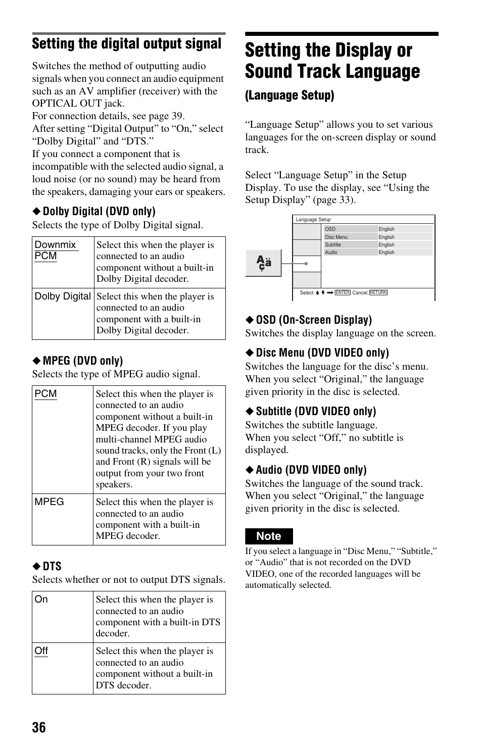 Setting the digital output signal, Setting the display or sound track language, Language setup) | Dolby digital (dvd only), Mpeg (dvd only), Osd (on-screen display), Disc menu (dvd video only), Subtitle (dvd video only), Audio (dvd video only) | Sony DVP-FX875 User Manual | Page 36 / 52