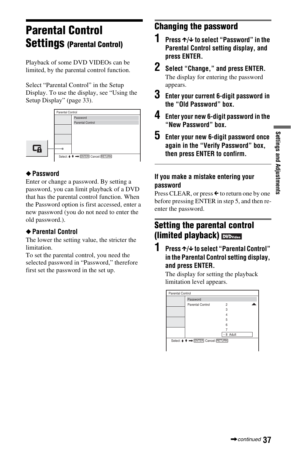 Parental control settings (parental control), Parental control settings, Changing the password | Setting the parental control (limited playback), Parental control) | Sony DVP-FX875 User Manual | Page 37 / 52