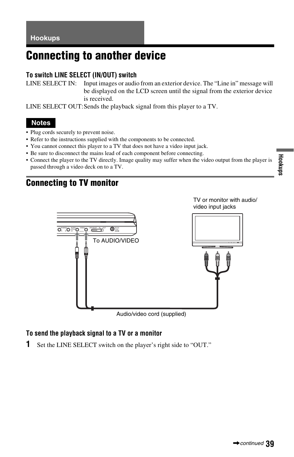 Hookups, Connecting to another device, Connecting to tv monitor | Ho okup s | Sony DVP-FX875 User Manual | Page 39 / 52