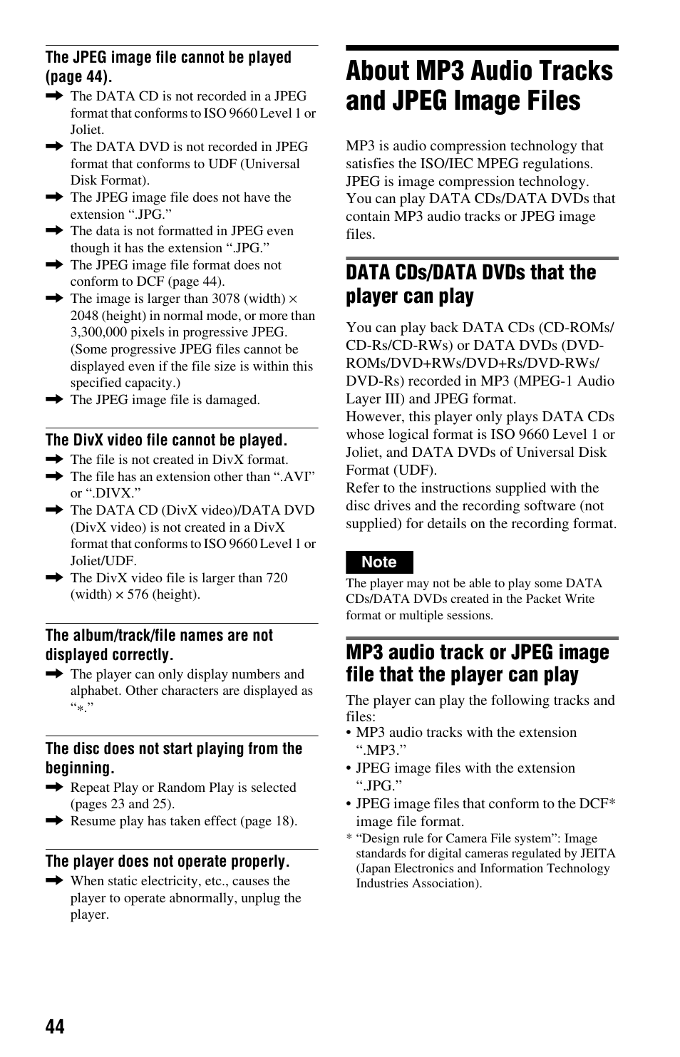 About mp3 audio tracks and jpeg image files, Data cds/data dvds that the player can play | Sony DVP-FX875 User Manual | Page 44 / 52