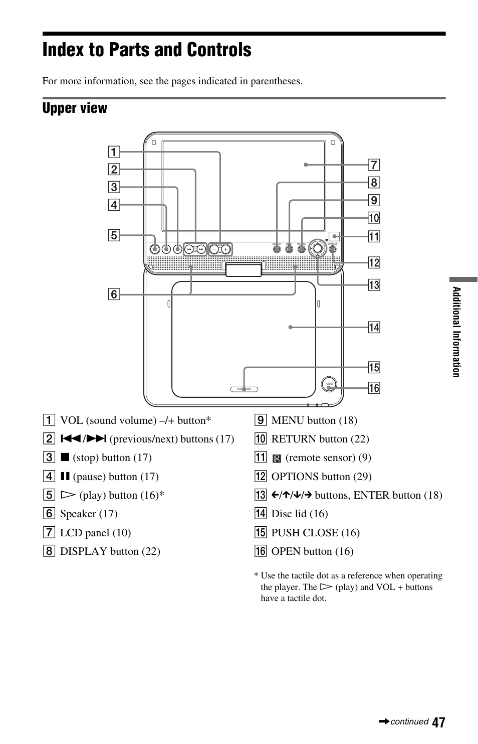 Index to parts and controls, Upper view | Sony DVP-FX875 User Manual | Page 47 / 52