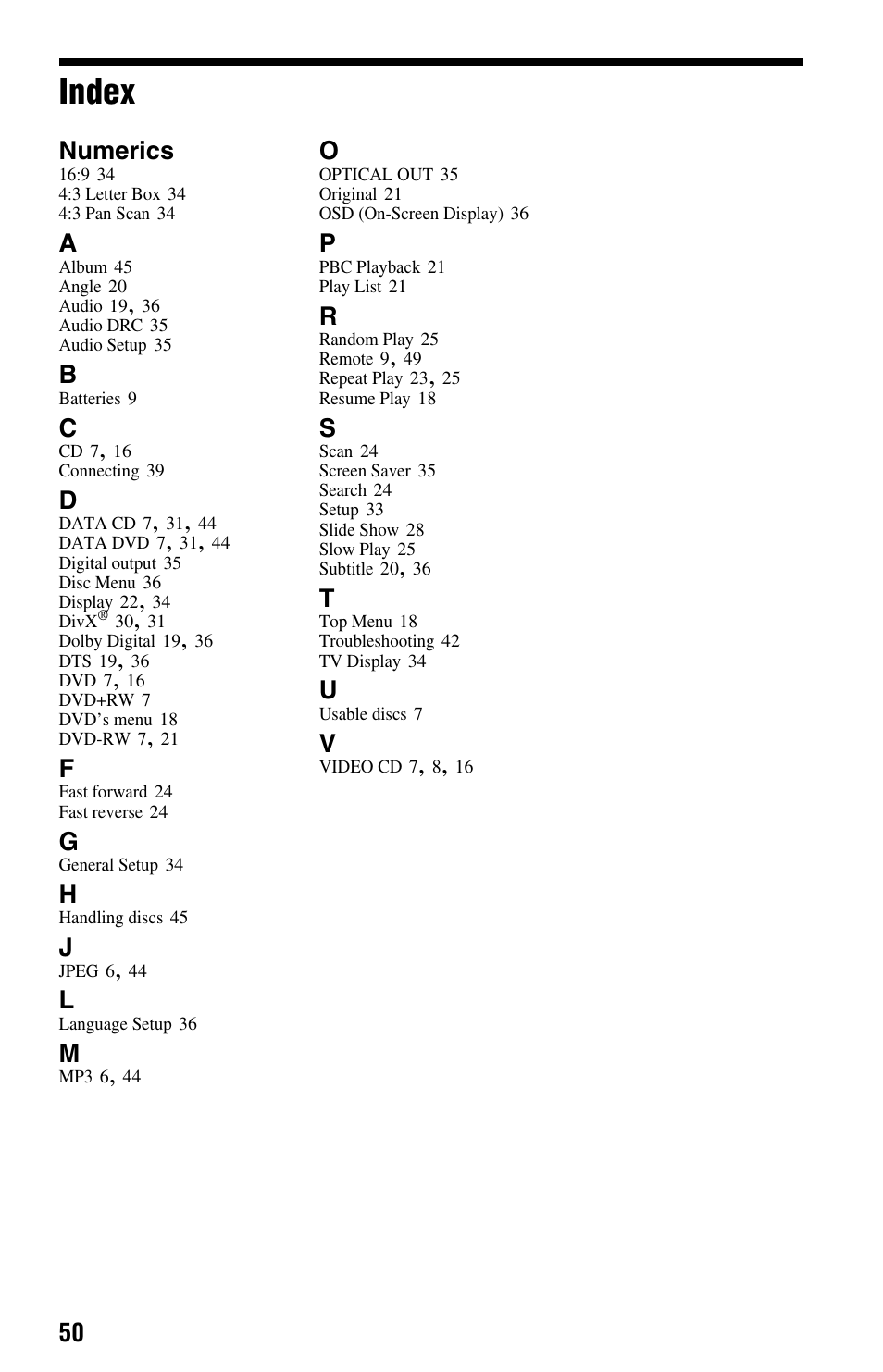 Index, Numerics | Sony DVP-FX875 User Manual | Page 50 / 52