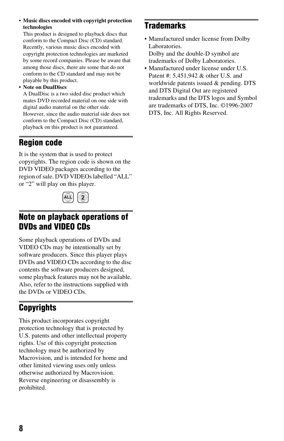 Region code, Copyrights, Trademarks | Sony DVP-FX875 User Manual | Page 8 / 52
