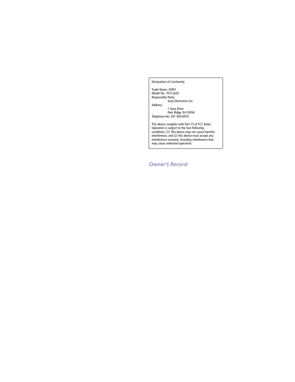 Owner’s record | Sony PCV-L620 User Manual | Page 2 / 52