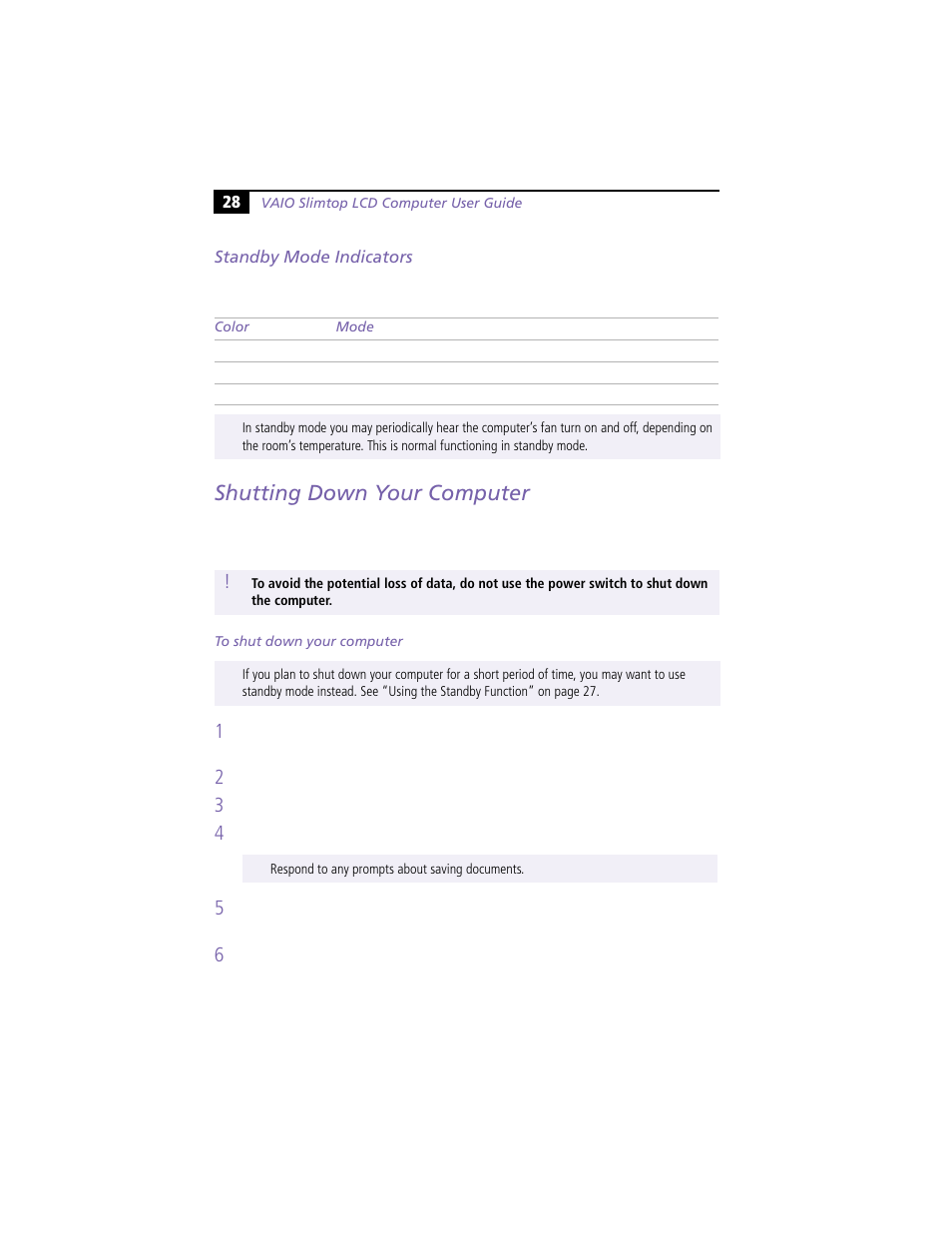 Standby mode indicators, Shutting down your computer | Sony PCV-L620 User Manual | Page 32 / 52