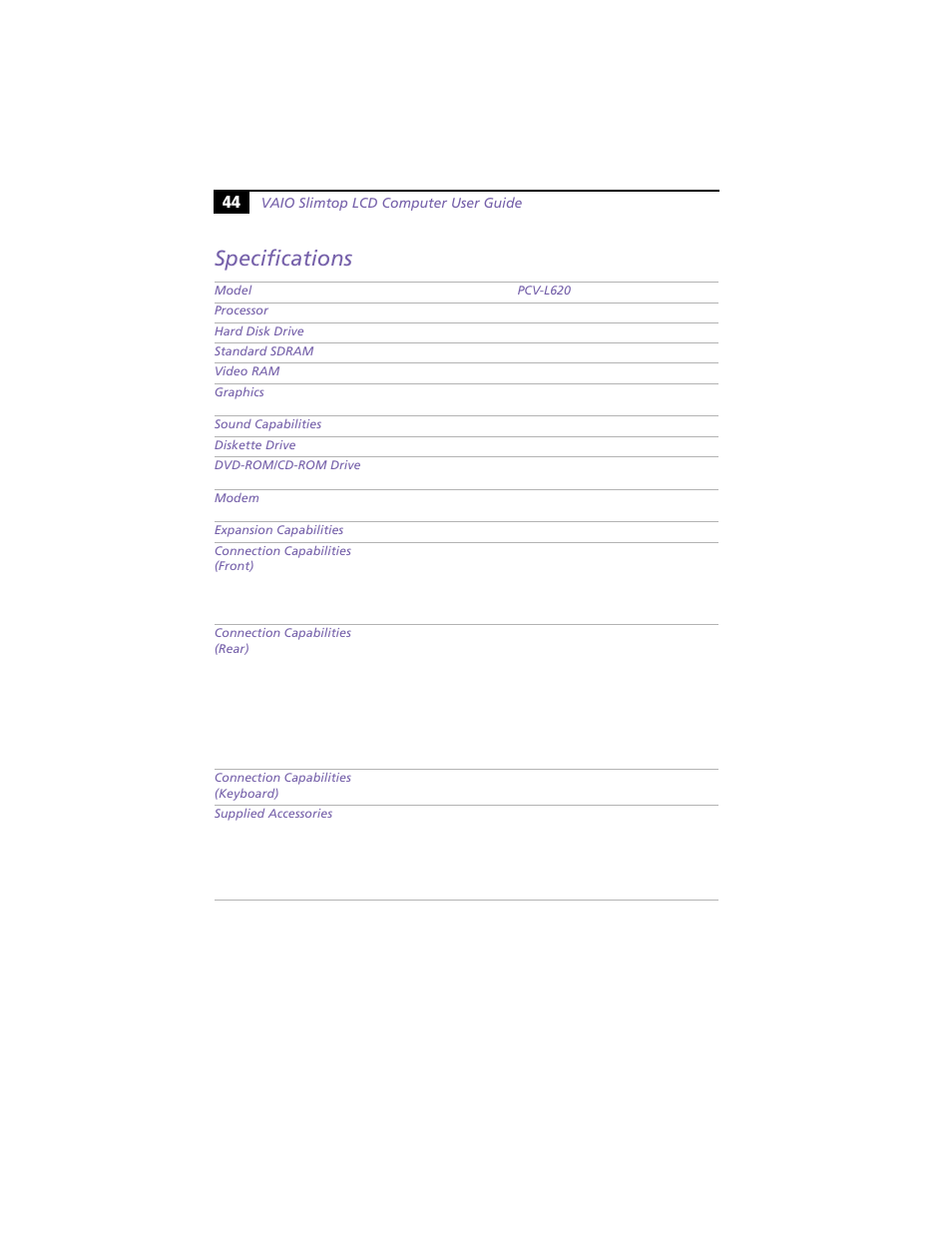 Specifications | Sony PCV-L620 User Manual | Page 48 / 52