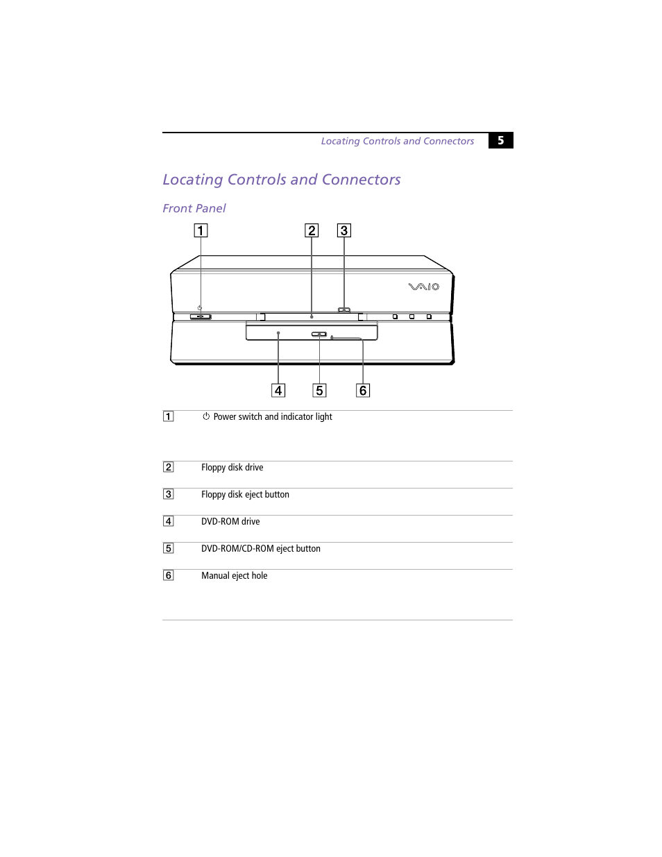 Locating controls and connectors, Front panel | Sony PCV-L620 User Manual | Page 9 / 52