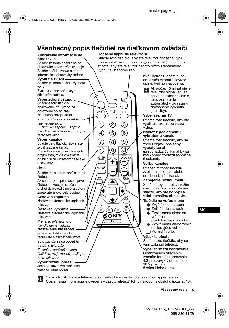 Všeobecný popis tlačidiel na dia kovom ovládači | Sony KV-21CT1K User Manual | Page 113 / 128