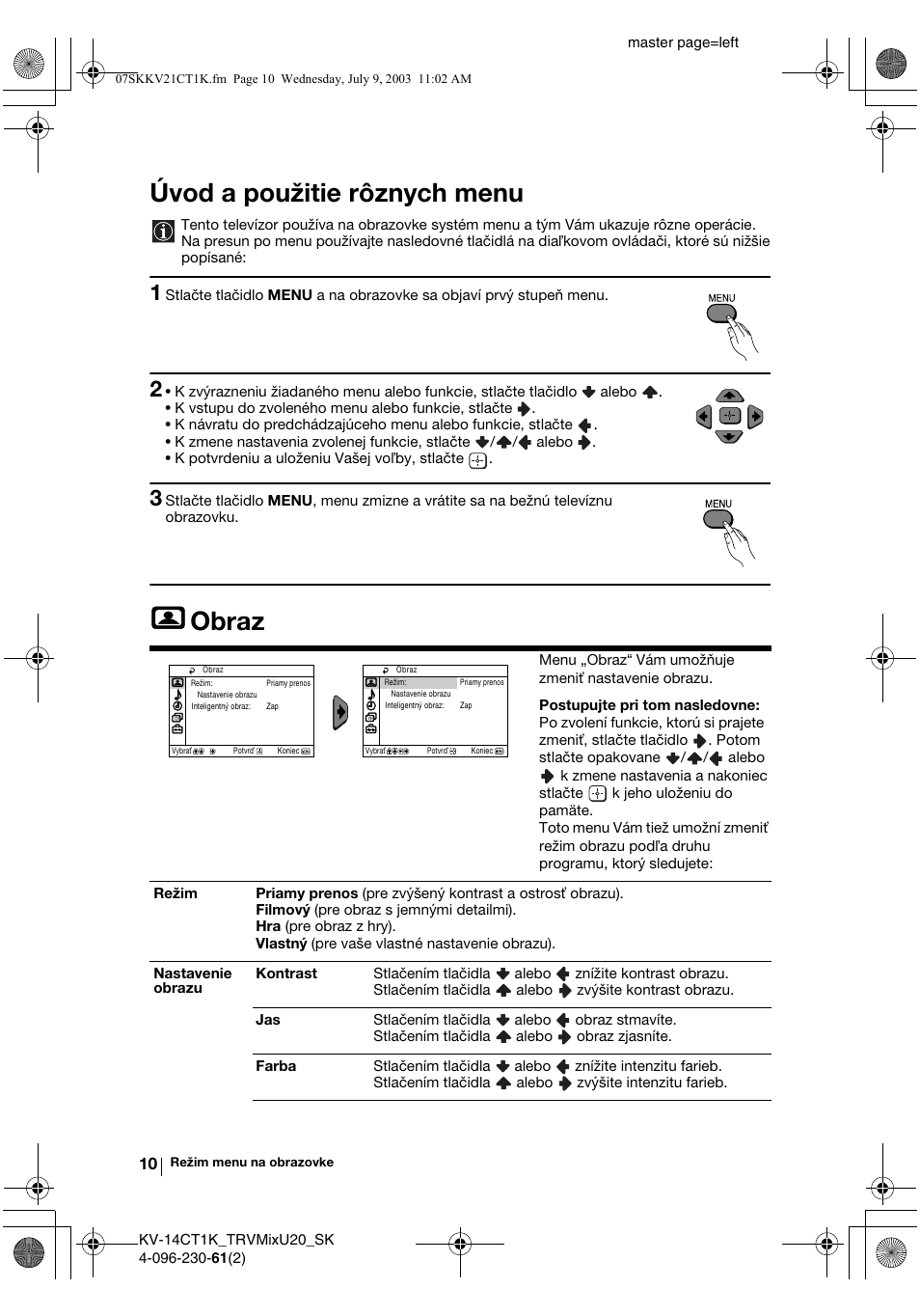 Úvod a použitie rôznych menu, Obraz | Sony KV-21CT1K User Manual | Page 118 / 128