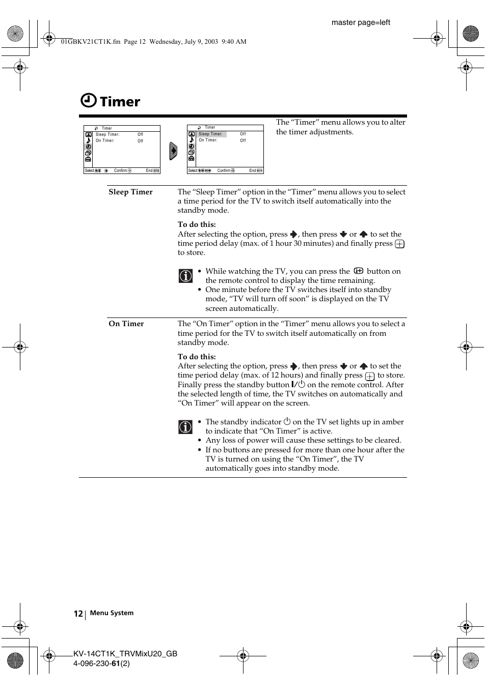 Timer | Sony KV-21CT1K User Manual | Page 12 / 128