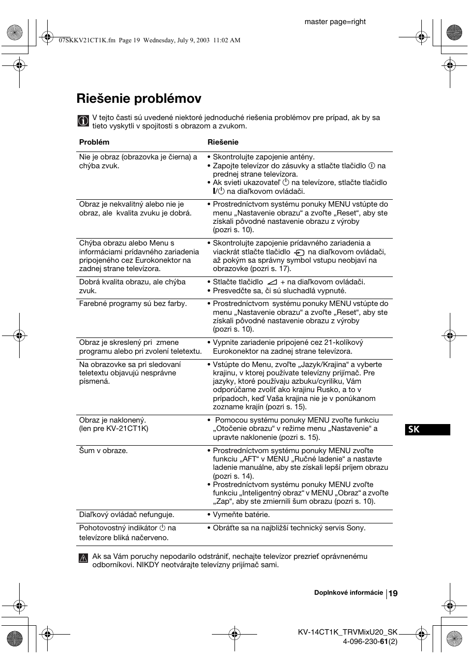 Riešenie problémov | Sony KV-21CT1K User Manual | Page 127 / 128