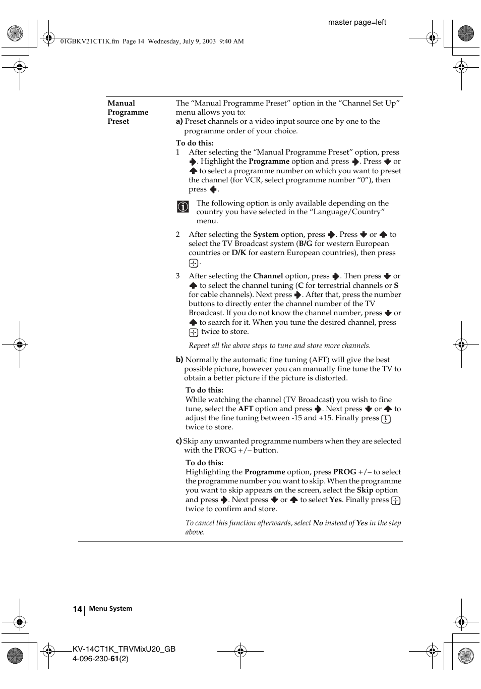 Sony KV-21CT1K User Manual | Page 14 / 128