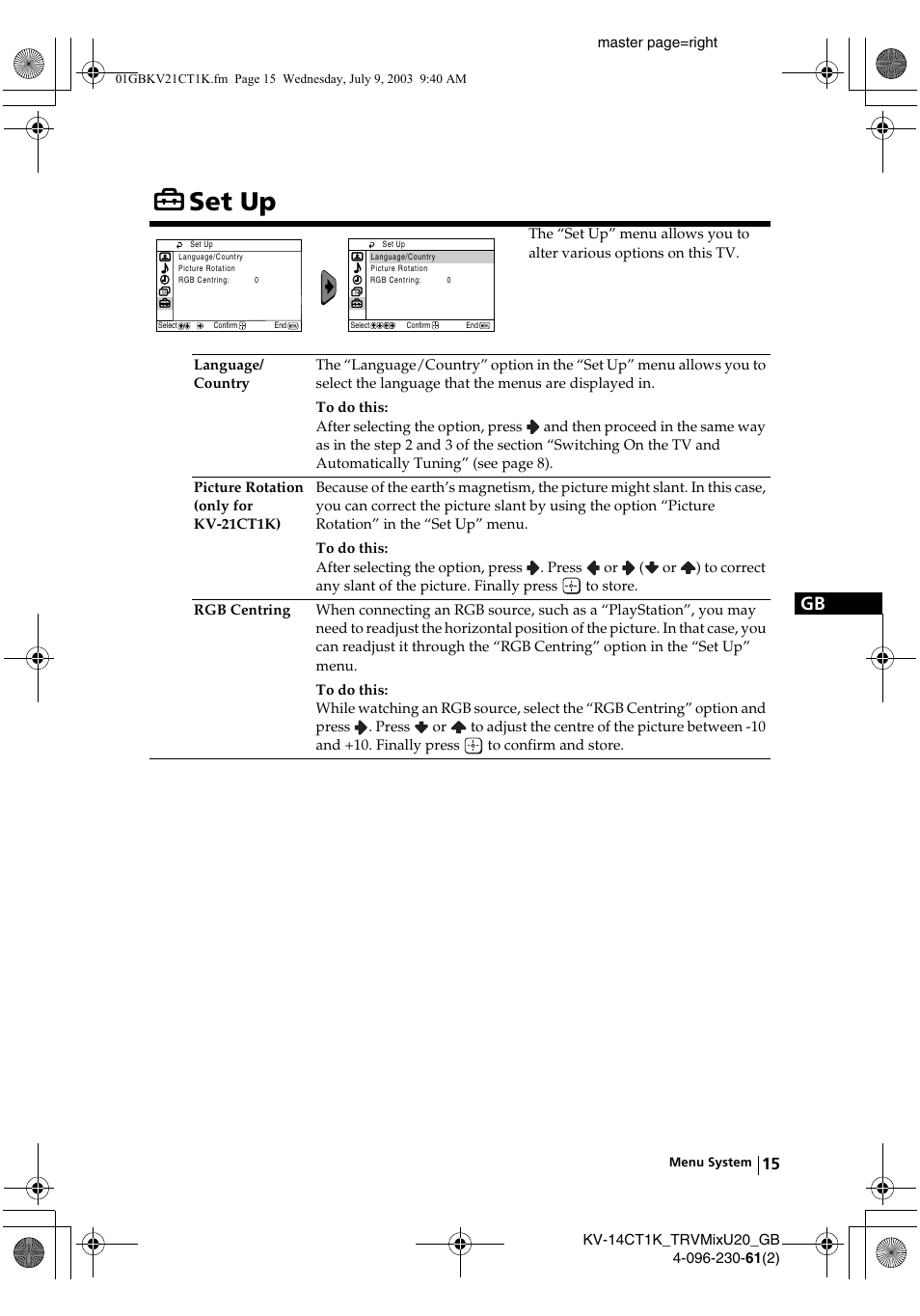 Set up | Sony KV-21CT1K User Manual | Page 15 / 128