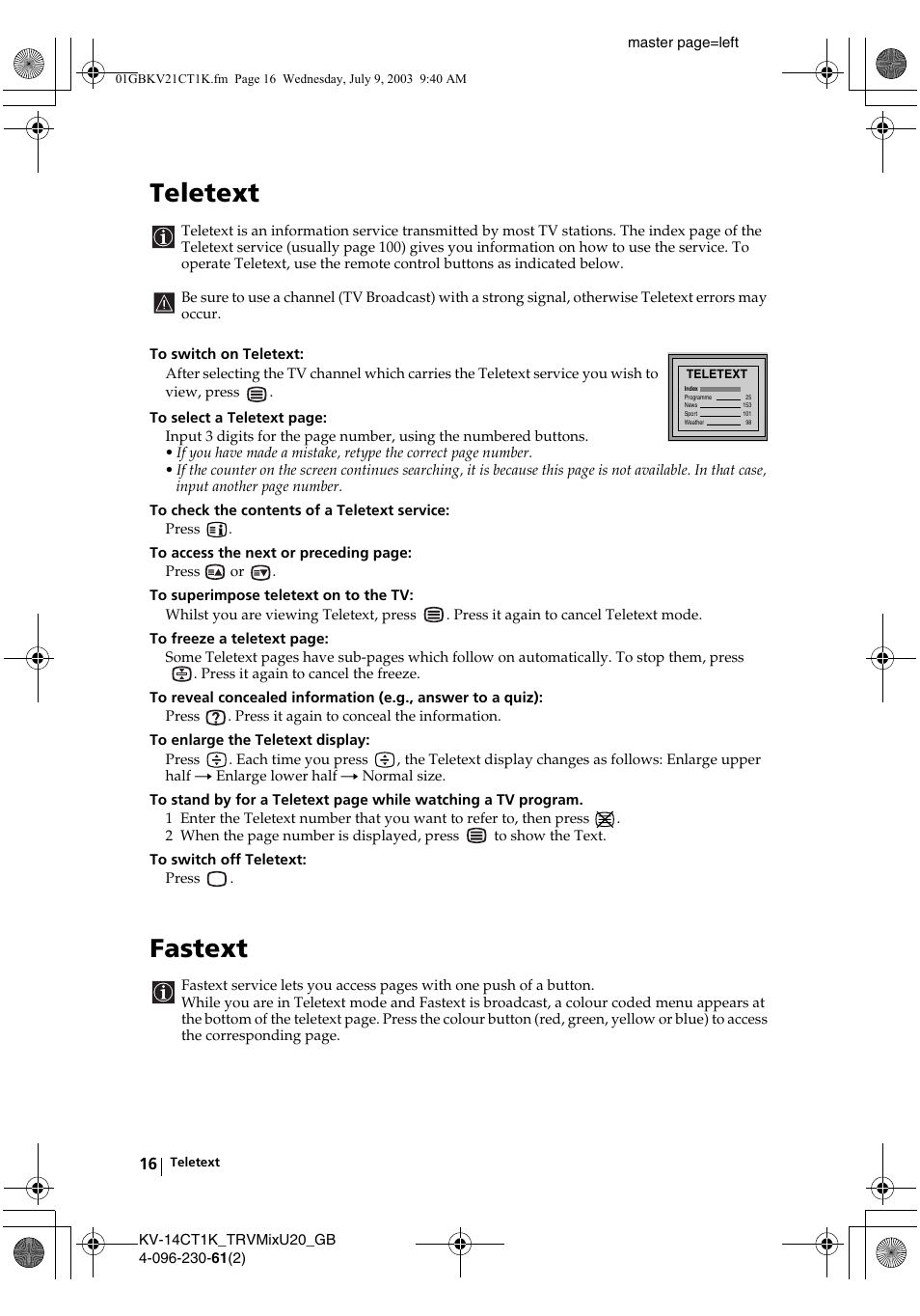 Teletext, Fastext | Sony KV-21CT1K User Manual | Page 16 / 128