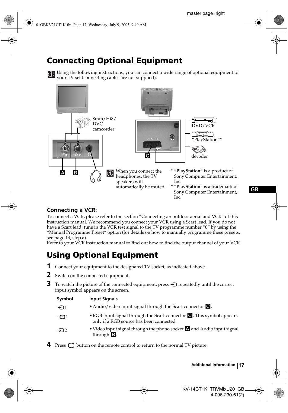 Connecting optional equipment, Using optional equipment | Sony KV-21CT1K User Manual | Page 17 / 128