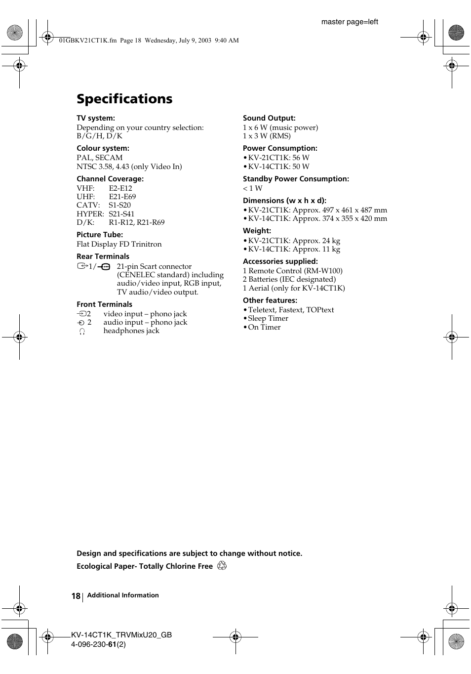 Specifications | Sony KV-21CT1K User Manual | Page 18 / 128