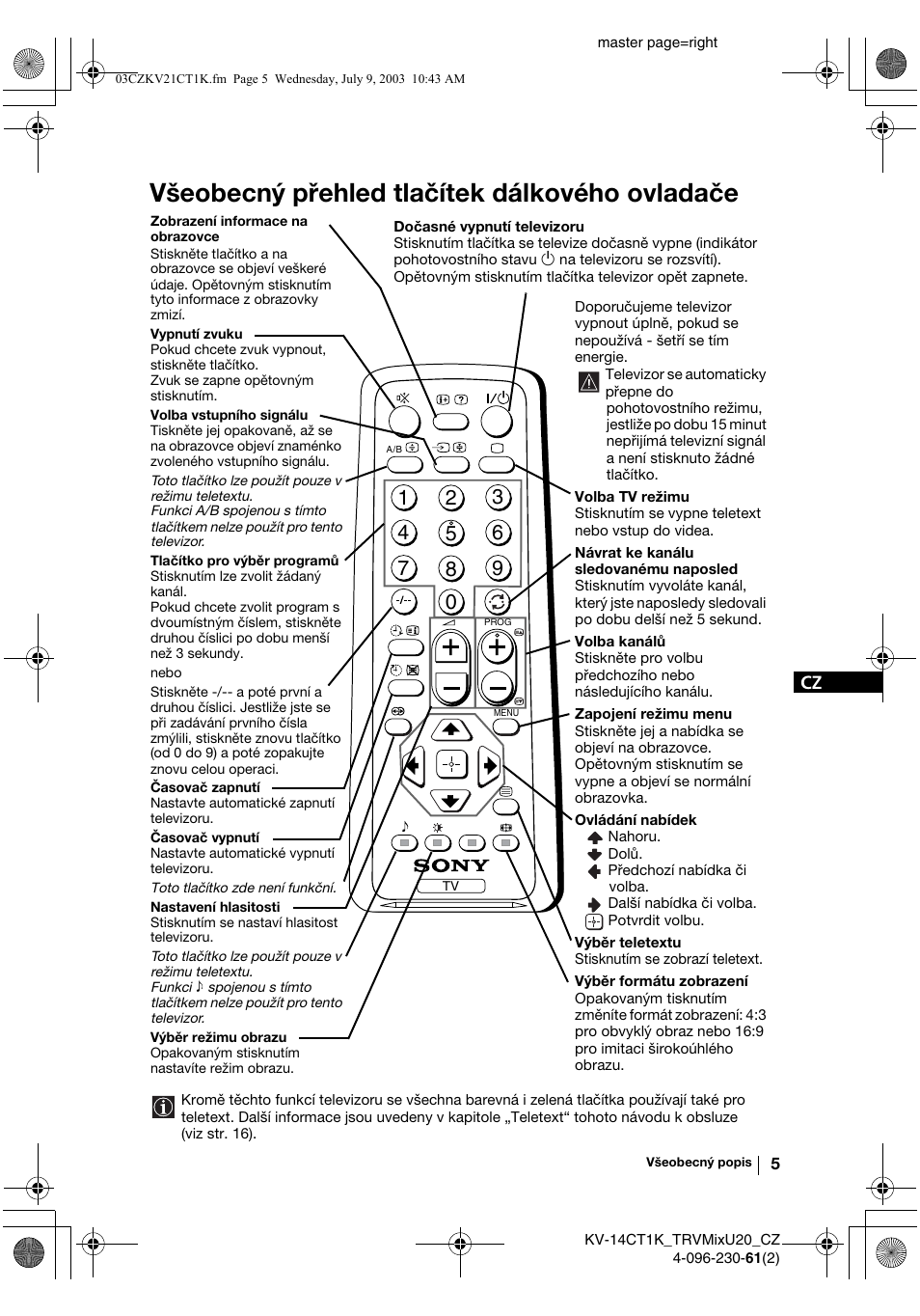 Všeobecný přehled tlačítek dálkového ovladače | Sony KV-21CT1K User Manual | Page 41 / 128