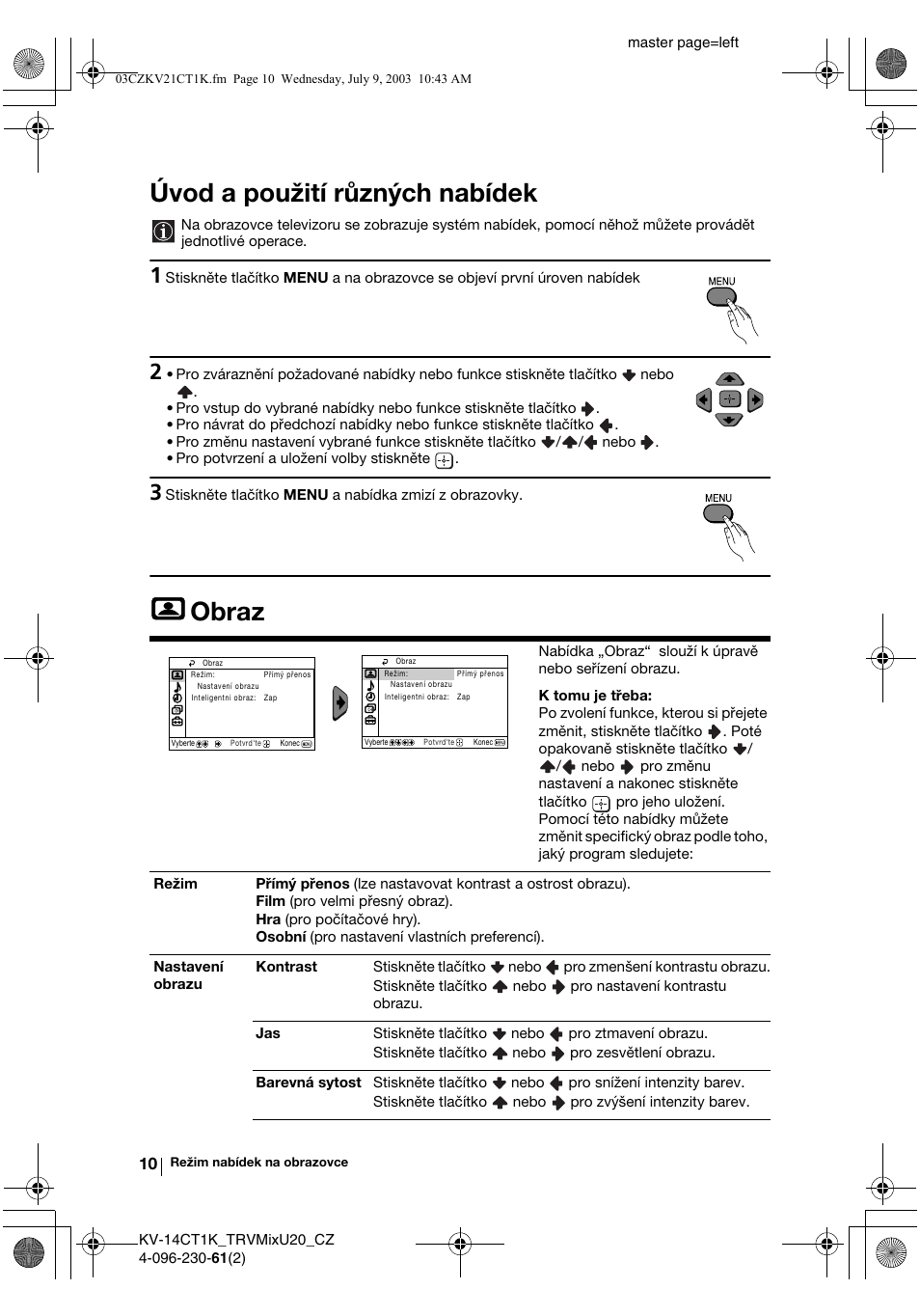 Úvod a použití různých nabídek, Obraz | Sony KV-21CT1K User Manual | Page 46 / 128