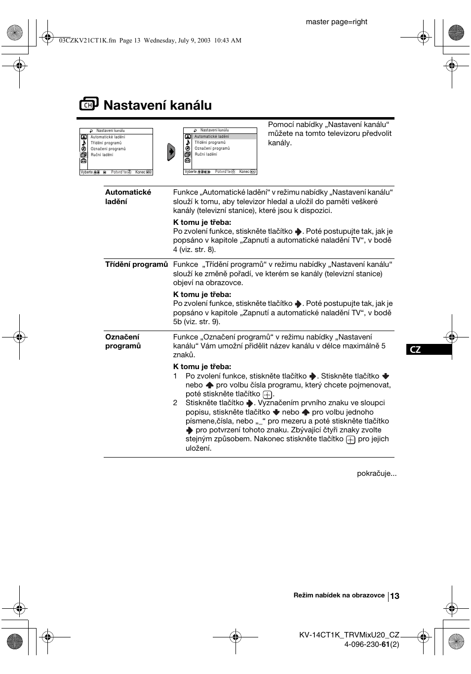 Nastavení kanálu | Sony KV-21CT1K User Manual | Page 49 / 128