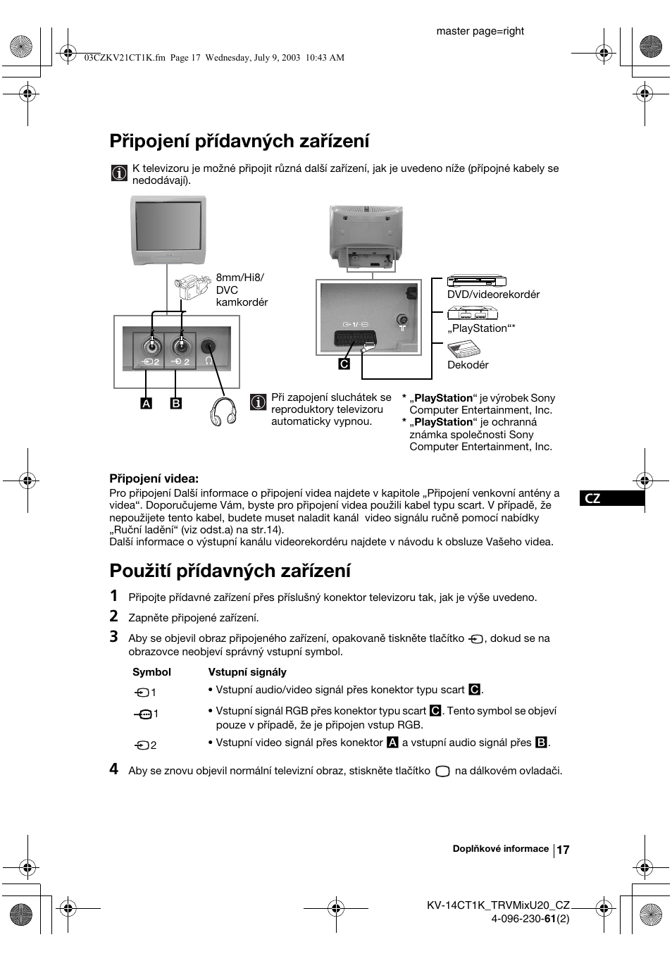 Připojení přídavných zařízení, Použití přídavných zařízení | Sony KV-21CT1K User Manual | Page 53 / 128