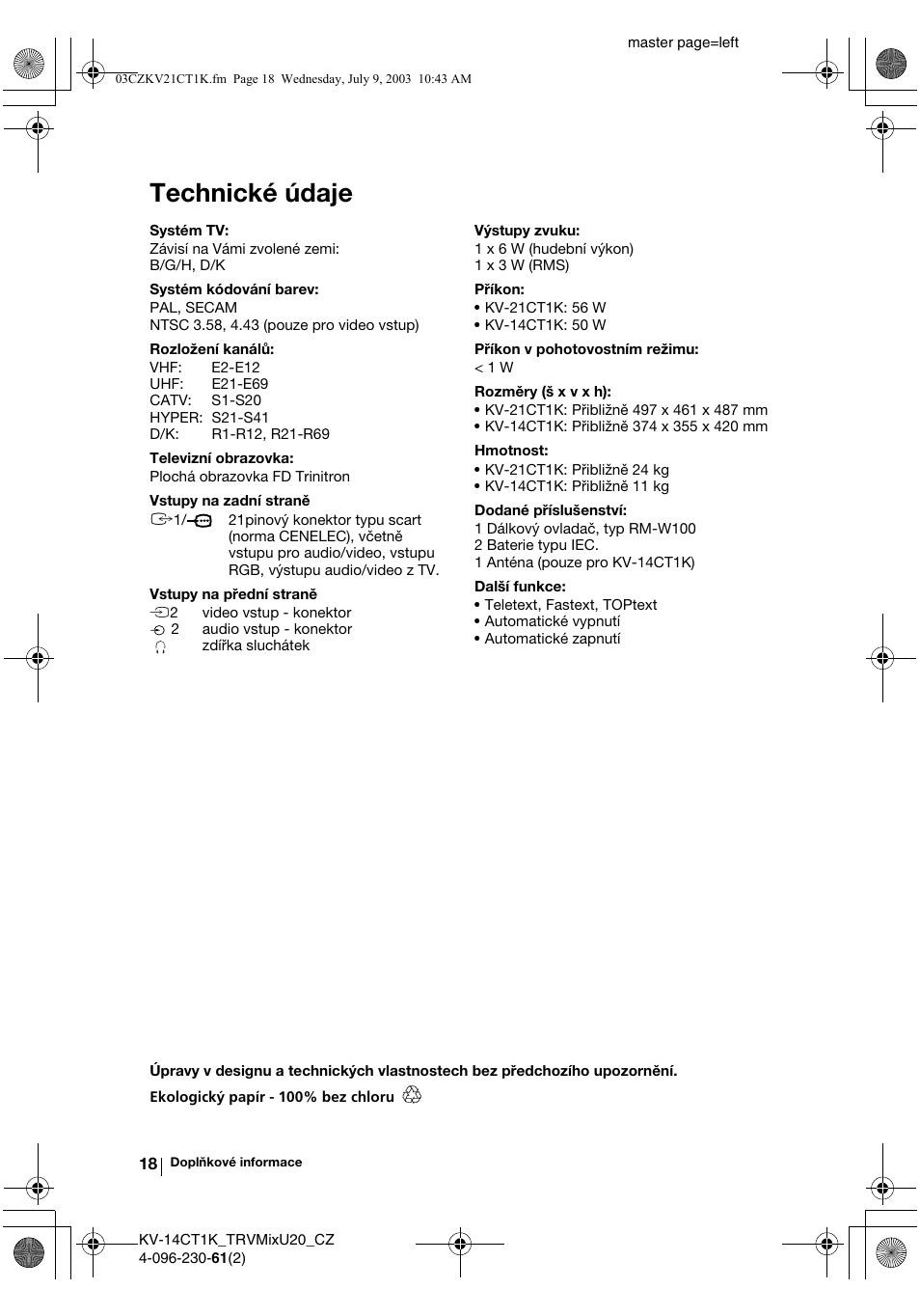 Technické údaje | Sony KV-21CT1K User Manual | Page 54 / 128