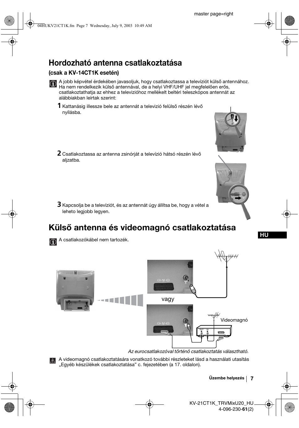 Hordozható antenna csatlakoztatása, Külső antenna és videomagnó csatlakoztatása | Sony KV-21CT1K User Manual | Page 61 / 128