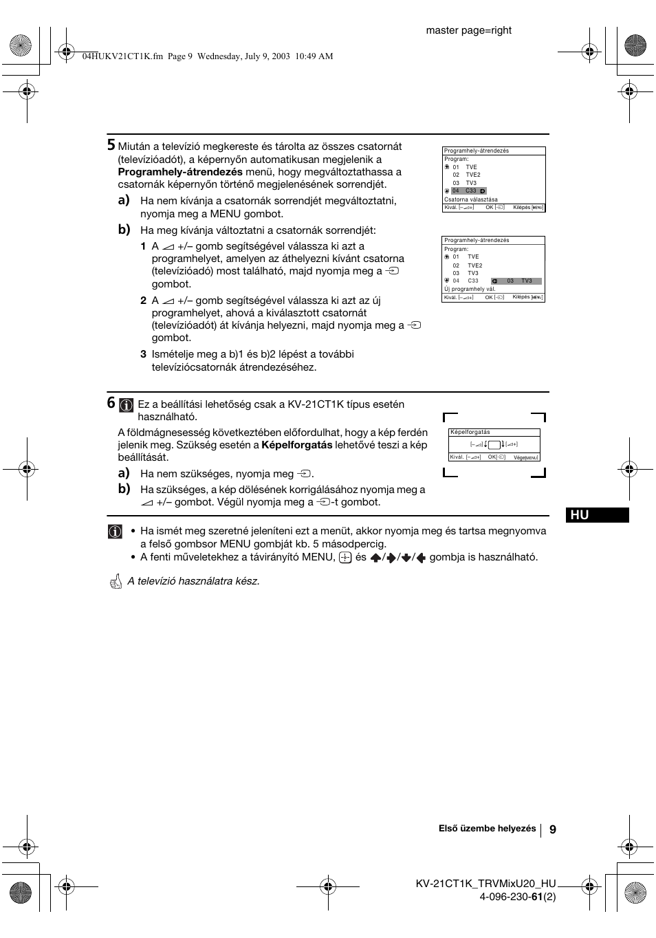 Master page=right, Ha nem szükséges, nyomja meg t | Sony KV-21CT1K User Manual | Page 63 / 128