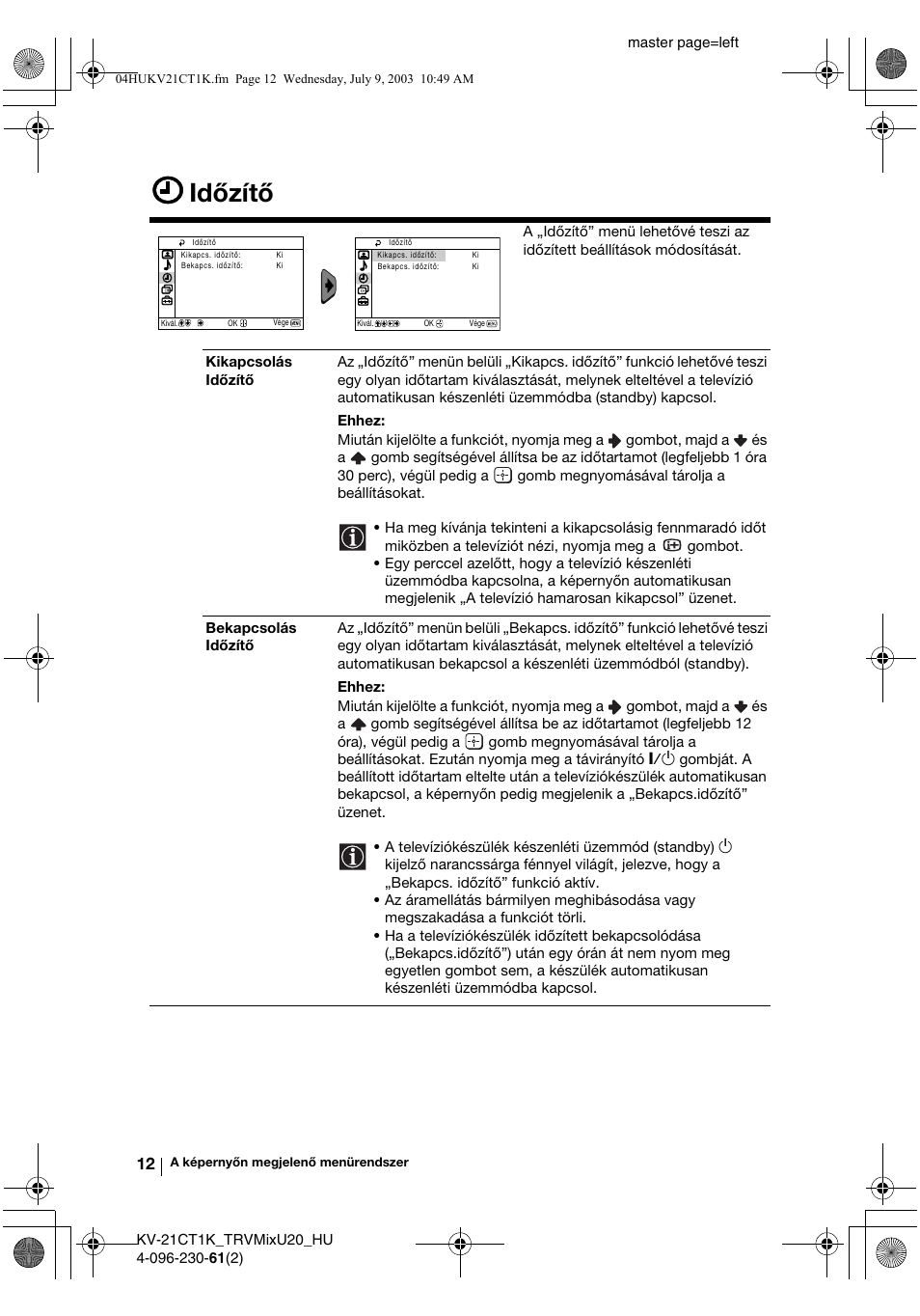 Időzítő | Sony KV-21CT1K User Manual | Page 66 / 128