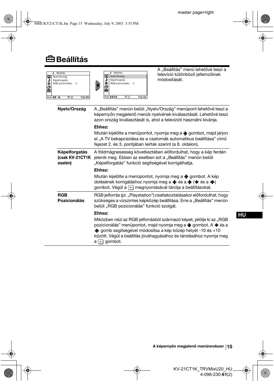 Beállítás | Sony KV-21CT1K User Manual | Page 69 / 128