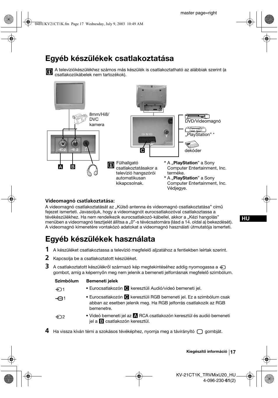 Egyéb készülékek csatlakoztatása, Egyéb készülékek használata | Sony KV-21CT1K User Manual | Page 71 / 128