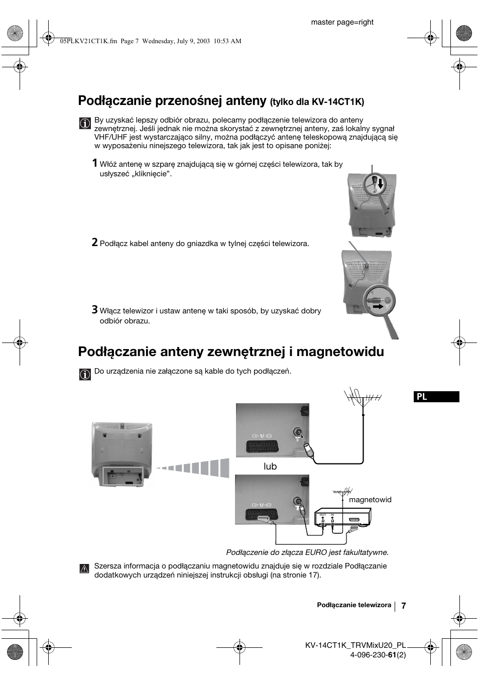 Podłączanie przenośnej anteny, Podłączanie anteny zewnętrznej i magnetowidu | Sony KV-21CT1K User Manual | Page 79 / 128