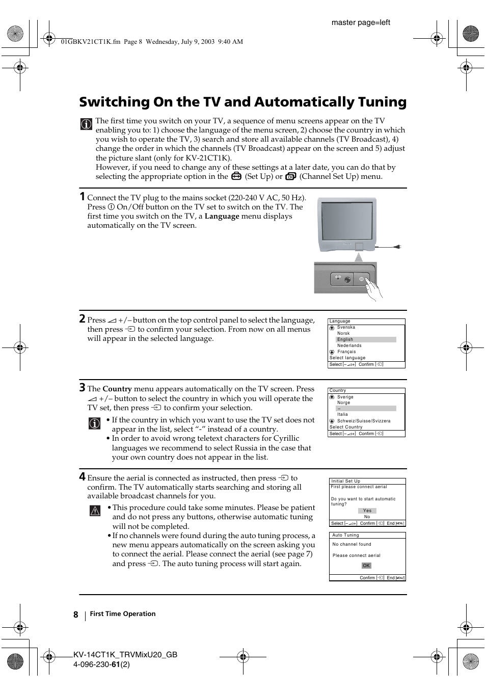 Switching on the tv and automatically tuning | Sony KV-21CT1K User Manual | Page 8 / 128