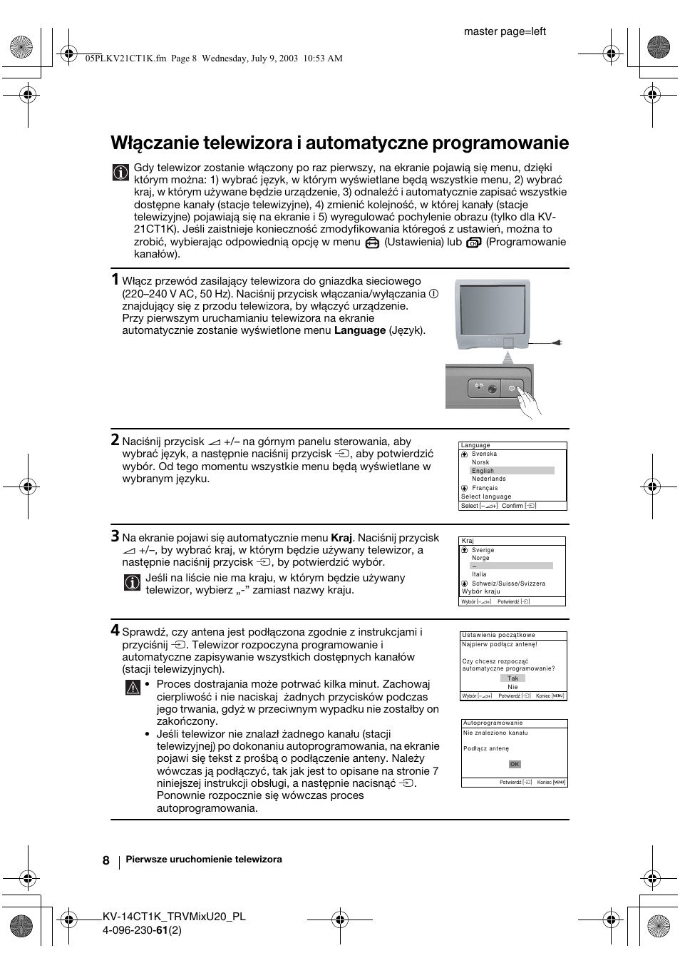 Włączanie telewizora i automatyczne programowanie, Master page=left | Sony KV-21CT1K User Manual | Page 80 / 128