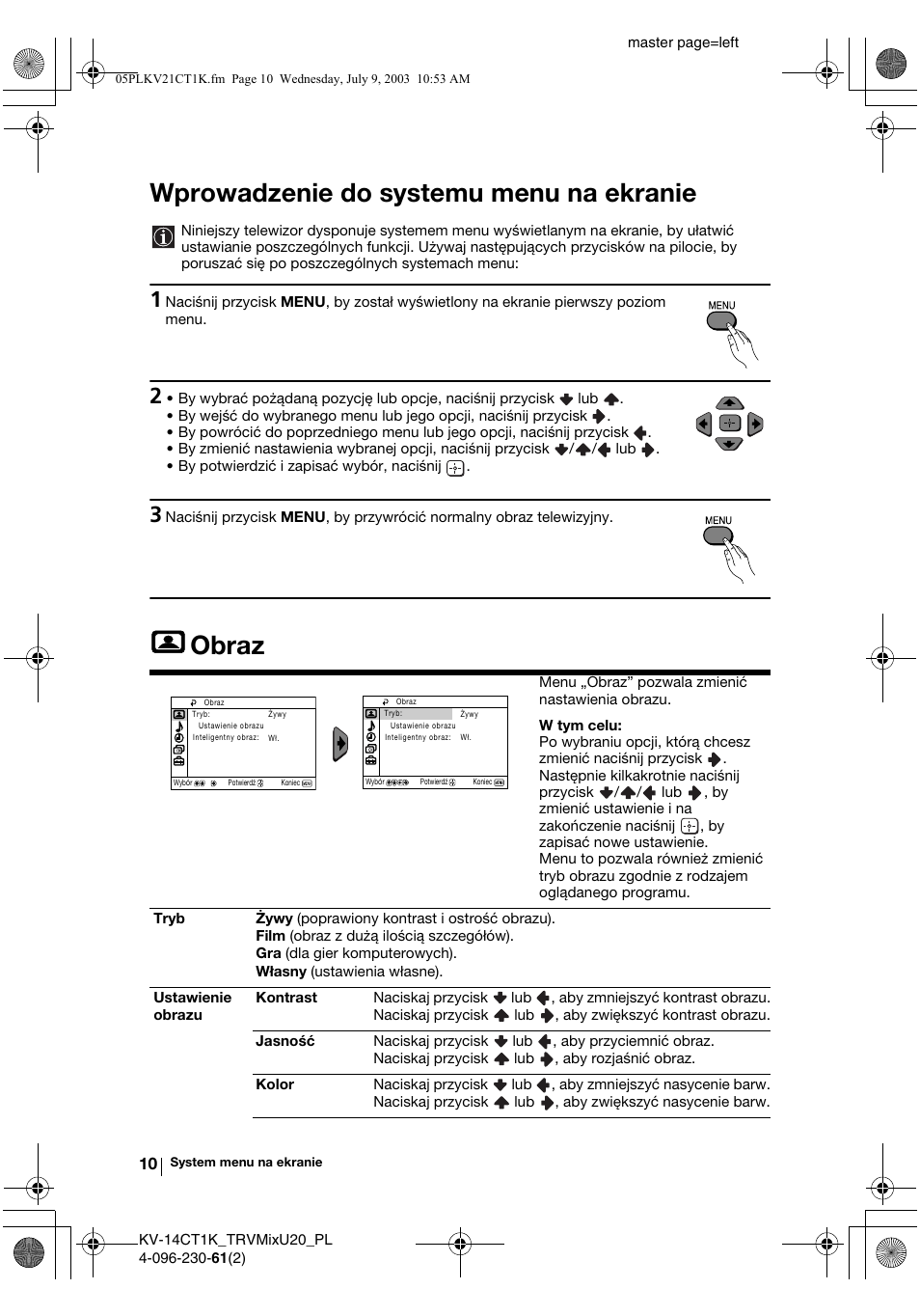 Wprowadzenie do systemu menu na ekranie, Obraz | Sony KV-21CT1K User Manual | Page 82 / 128