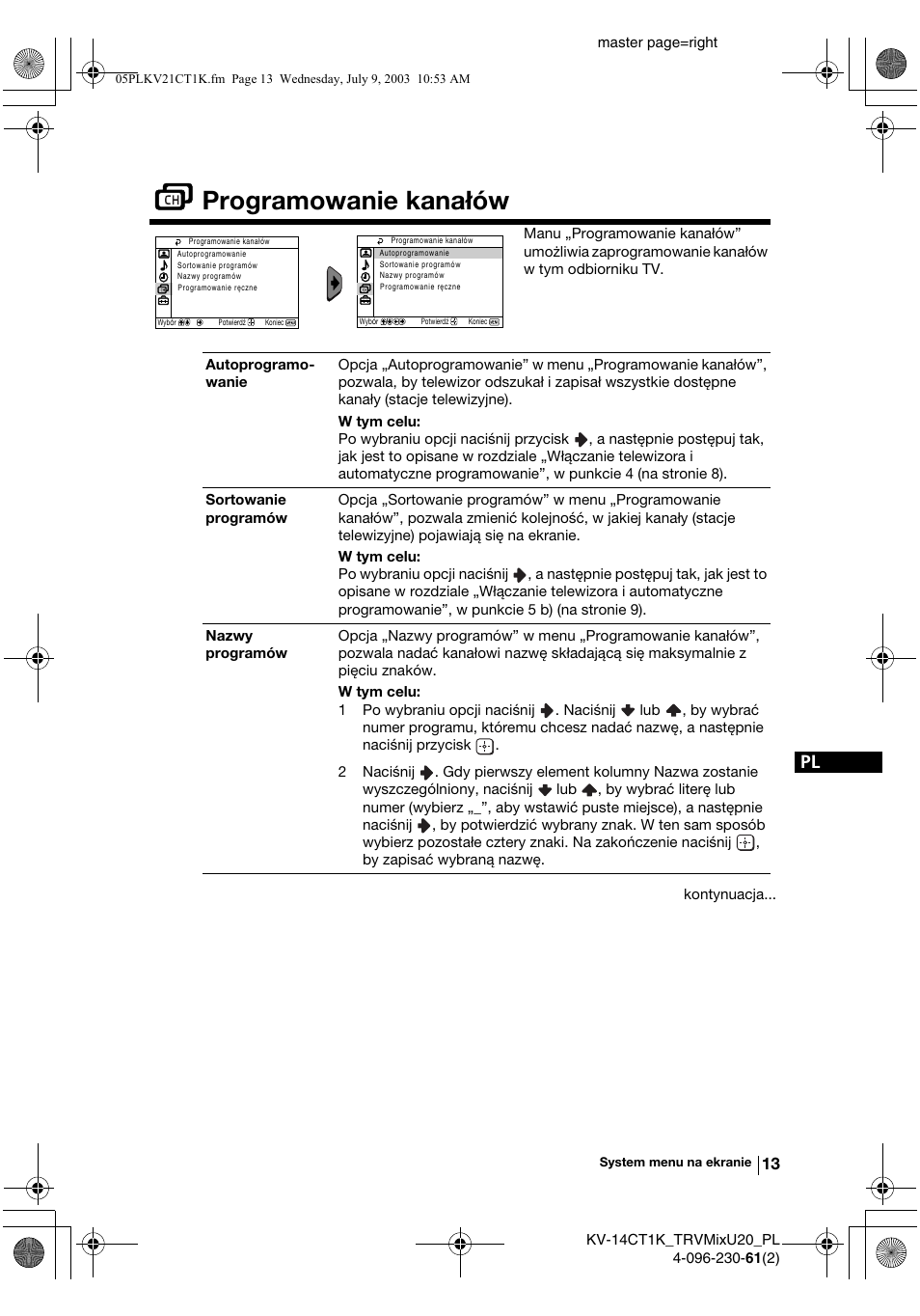 Programowanie kanałów | Sony KV-21CT1K User Manual | Page 85 / 128