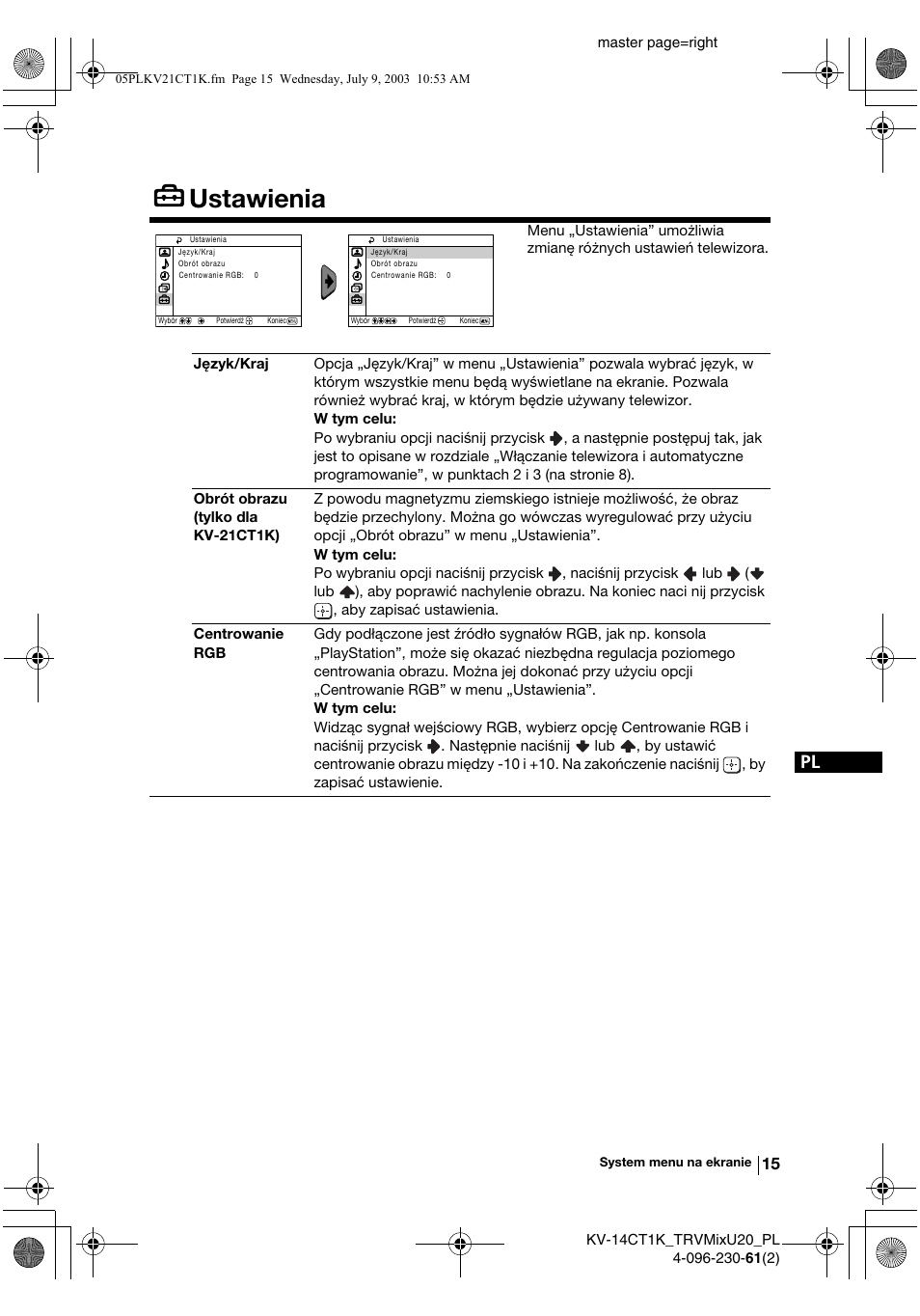 Ustawienia | Sony KV-21CT1K User Manual | Page 87 / 128