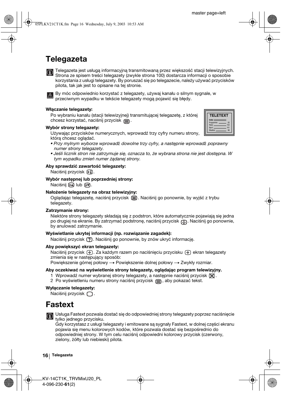 Telegazeta, Fastext | Sony KV-21CT1K User Manual | Page 88 / 128